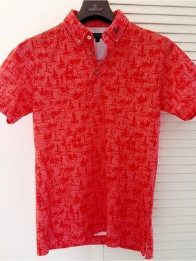 Callaway Japan Red Coral Patterned Short-Sleeve Golf Polo sz L Surf Palm Tree